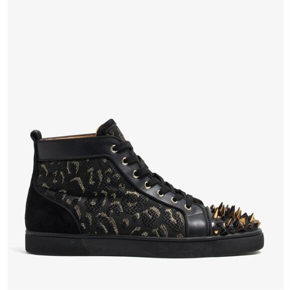 CHRISTIAN LOUBOUTIN Louis High Pik Jacquard Sneaker Black Gold Spike Sz 44/11 - Picture 1 of 12